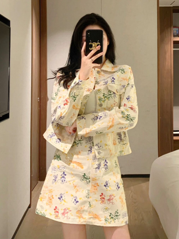 网红韩版甜美牛仔裙套装时尚春秋装女新款洋气纯欲风小个子裙子|undefined