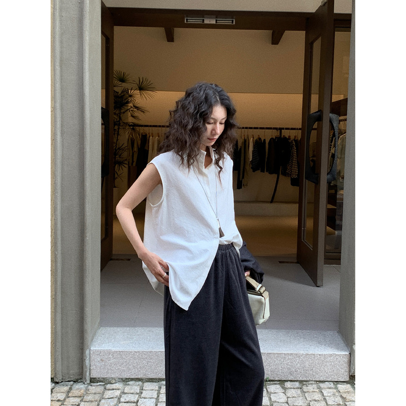 Neihe 2025 Elegant Sleeveless Stand-Up Collar Versatile Women's Shirt Autum New Women's Clothing 251579