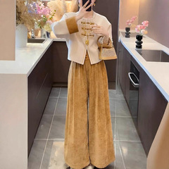花好月圆2025秋季新款新中式乔琪绒盘扣外套+裤子套装女 一件代发