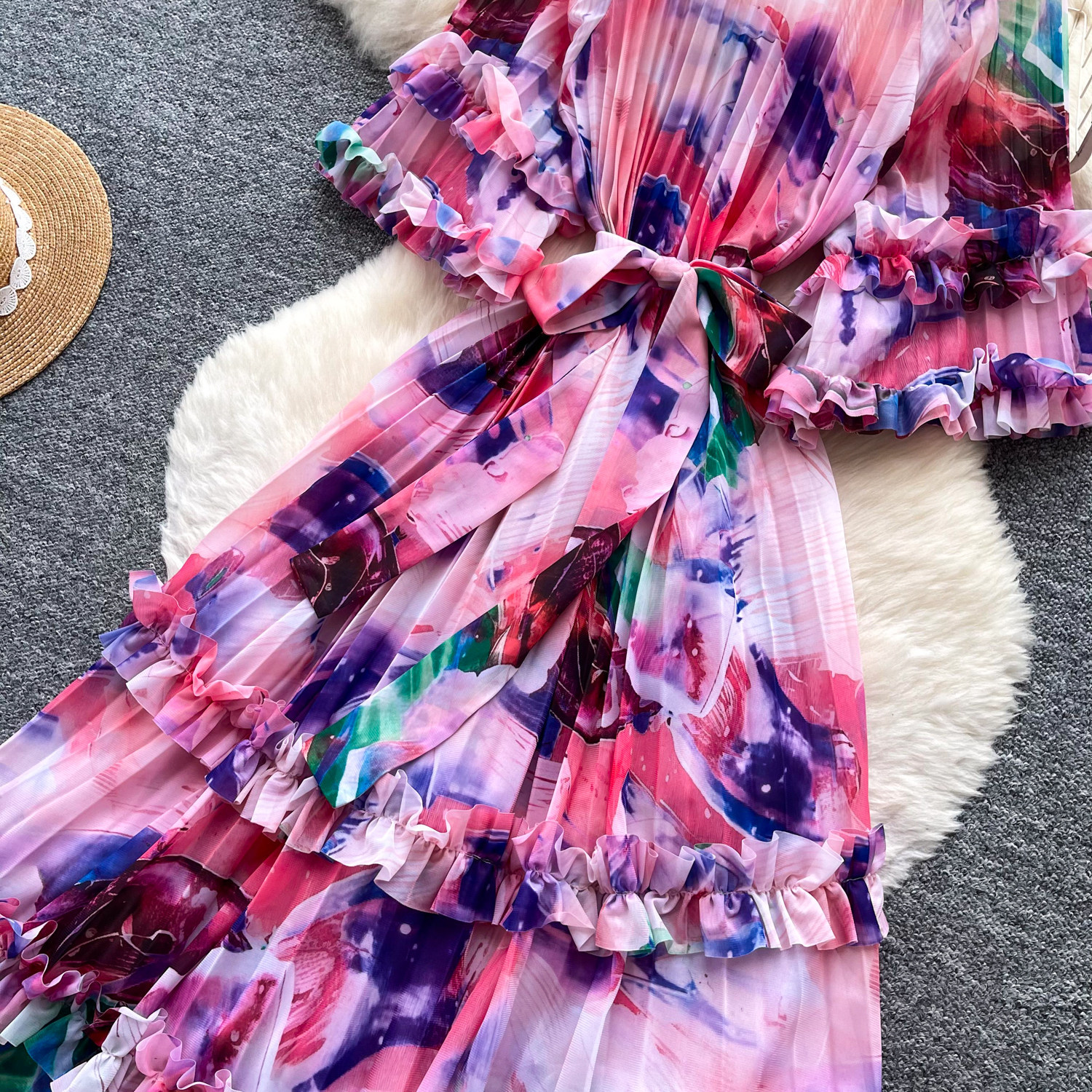 Floral Print Puff Sleeve Dress Women's Korean Style Retro Court Long Fairy Like Ruffled Tie Waist Dress_ecoleips.com