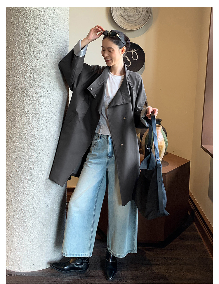 ng2510292 MOXI Thirteen Lines Women's Clothing 2026 Spring Korean Style Stand Collar Long Trench Coat For Petite Women_ecoleips.com