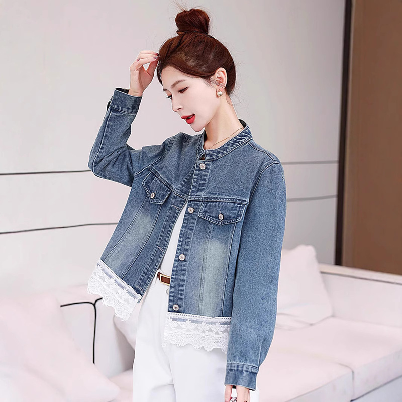 Spring 2025 New Design Sense Fashion Collar Jacket Denim Jacket Women's Lace Stitching Top OU6783
