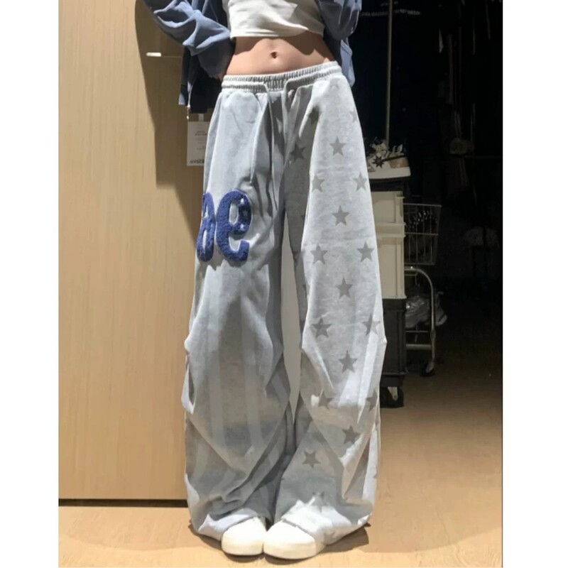 Stylish star-print gray sweatpants for men and women, new jazz dance sports pants, American retro wide-leg long pants, trendy