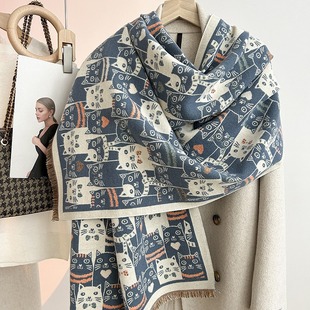 New cartoon cat cashmere scarf women's French style lazy style winter warm scarf office shawl western style