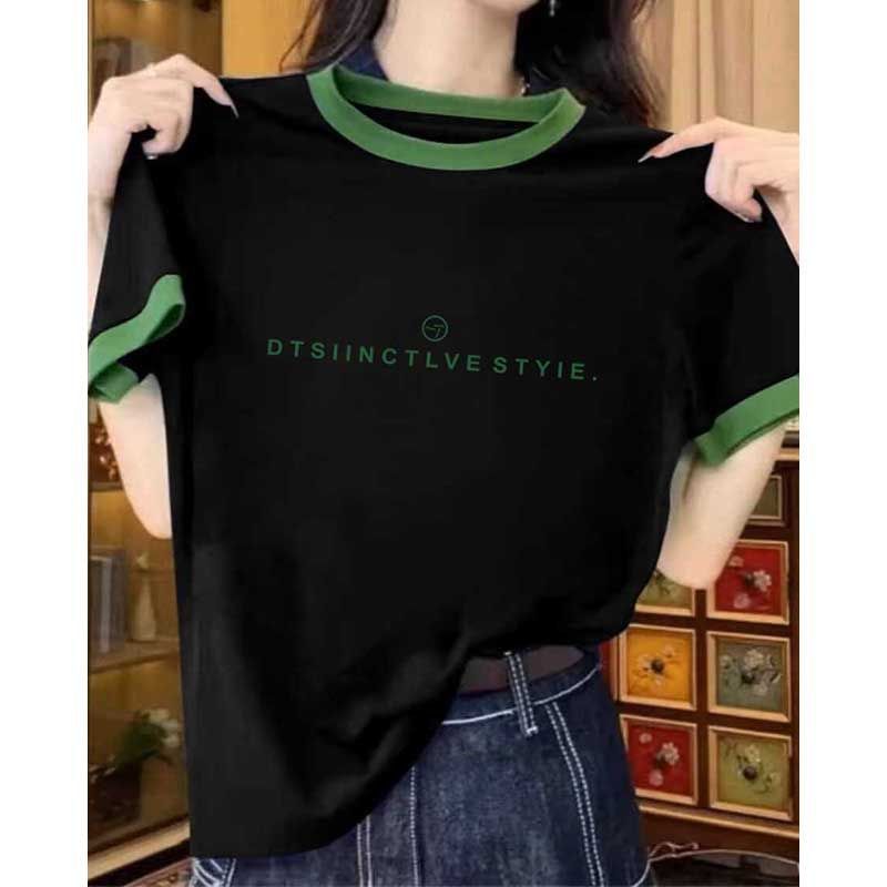 2025新款纯棉短袖t恤女正肩圆领拼色韩版洋气设计感半袖上衣夏季|undefined