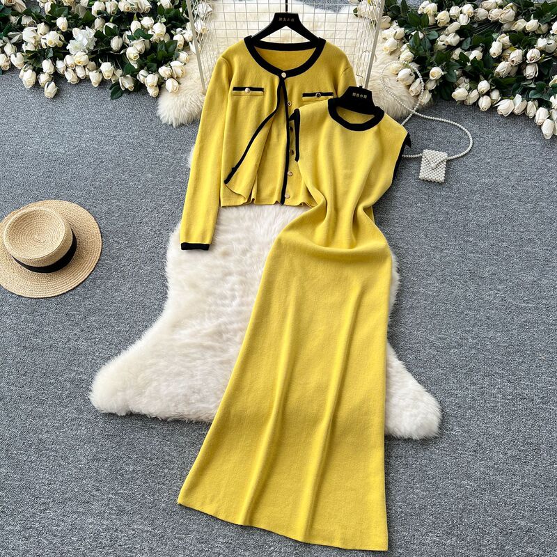 Tweed Style Two-Piece Women's Autumn and Winter High-End Versatile Round Neck Knitted Cardigan Jacket + Sleeveless Vest Dress