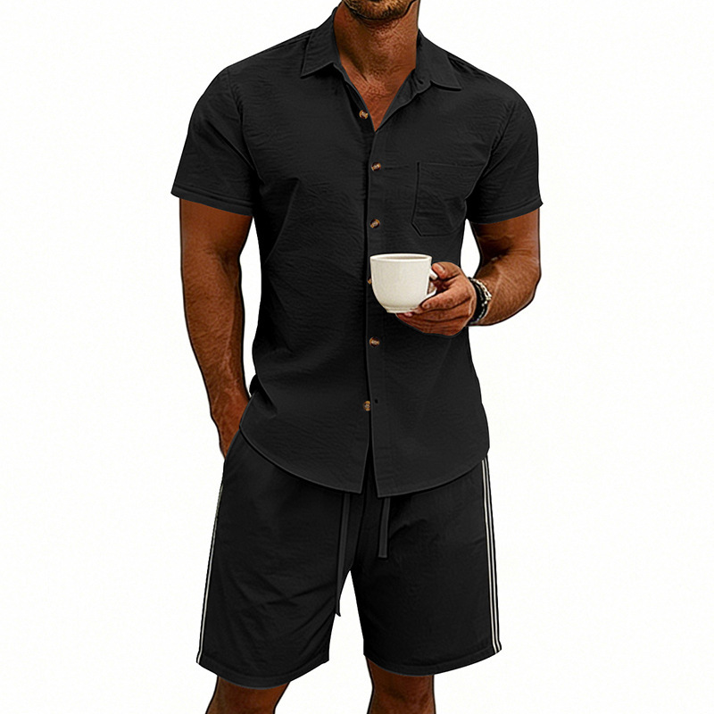 Set uomo estivo con camicia a maniche corte e pantaloncini a righe_voghion.com