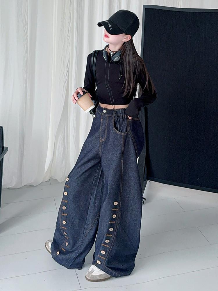 Men's Clothing Buttoned Scimitar Jeans Vintage Button-Fly Curved Hem Jeans For Kids - Soft Denim Stretch Comfort Fit (120-170cm, Unisex)_mkmklike.com