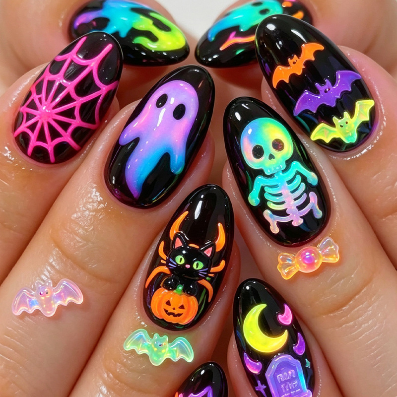 European and American Halloween nail art in dopamine color scheme with ghost, spider, flame, skull, and moon designs, 30-piece nail set European and American Halloween nail art in dopamine color scheme with ghost, spider, flame, skull, and moon designs, 30-piece nail set