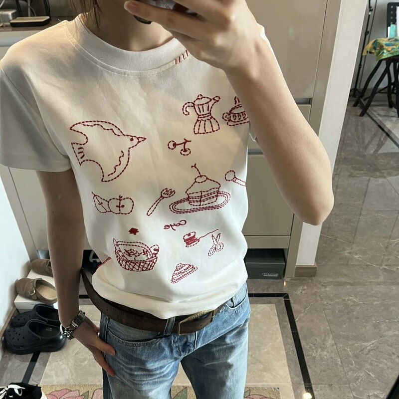 刺繍漫画文字半袖 Tシャツレディースルーズトップ 2025 ファッション新しいスタイル多用途イントレンド|undefined