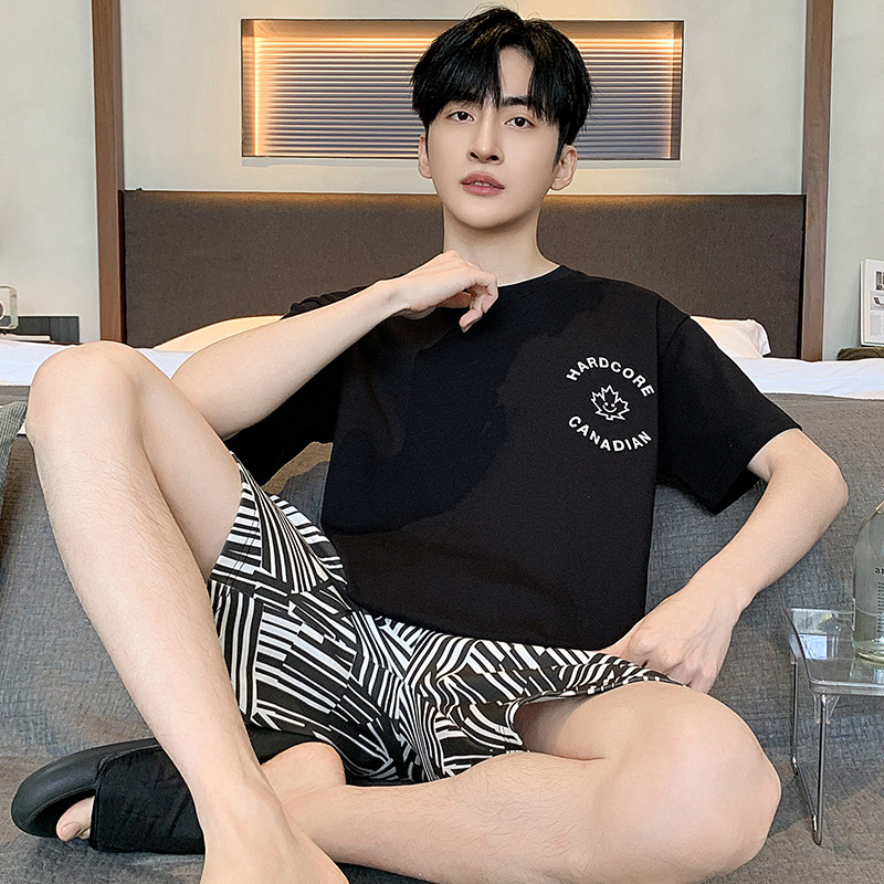 2024 algodón de punto de verano 6535 hombre cuello redondo mangas cortas pantalones cortos pijamas sueltos ropa casera casera