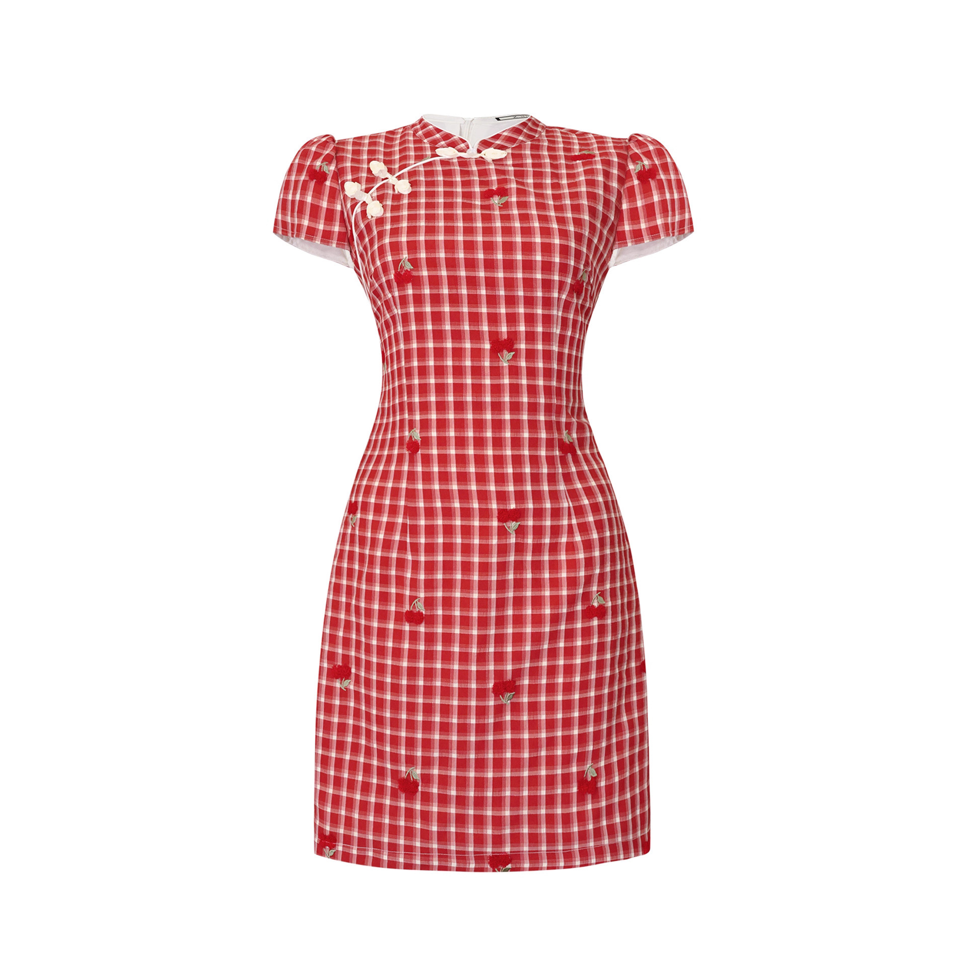 New Chinese Style Red Plaid Cherry Niche Design Short Cheongsam Dress