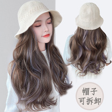 帽子假发一体时尚韩版潮网红百搭春夏防晒遮阳渔夫帽女挑染长卷发