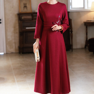 Cheongsam dress 2024 New Noble Dress Wedding Banquet Dress Happy Mother-in-law Winter 582 Wine Red