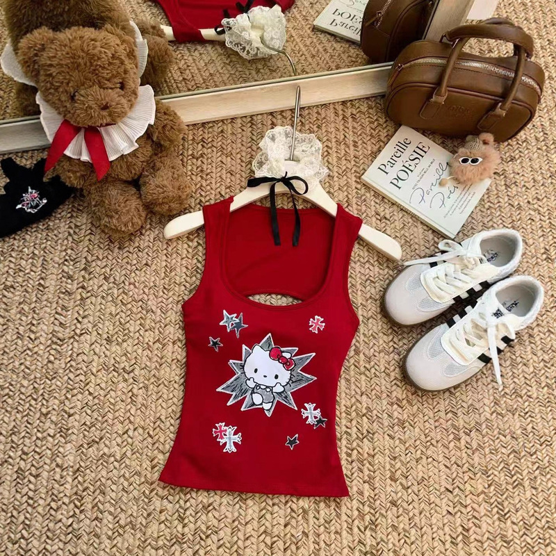 Black Strawberry Kitty Cat Print Camisole Women's Summer Hollow Backless Inner Wear Sweet Hot Girl Outer Top