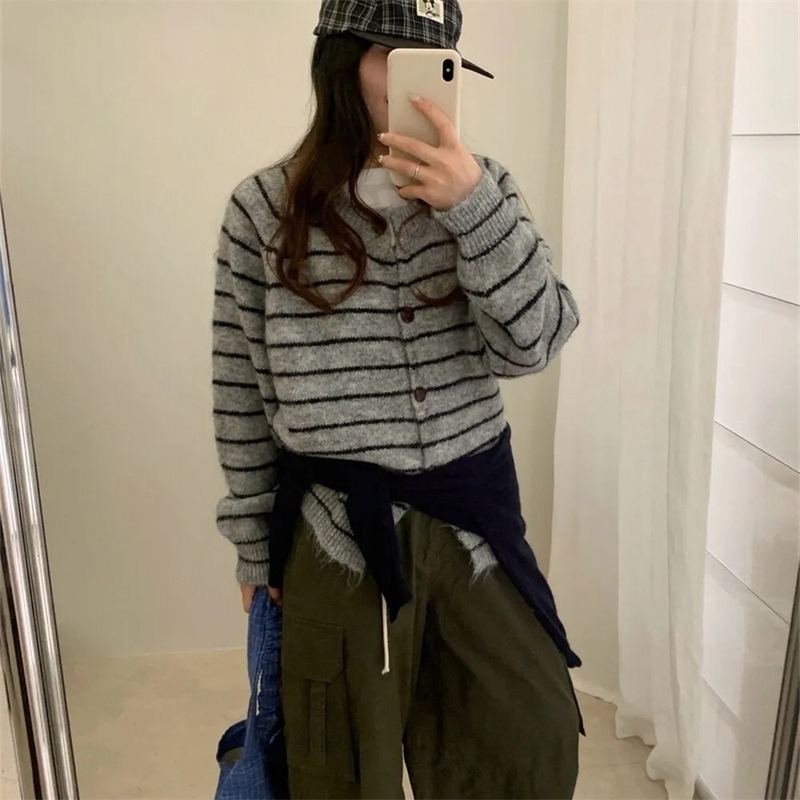 拼色条纹长袖毛衣开衫外套女2025新款秋冬季韩版圆领针织百搭上衣|undefined