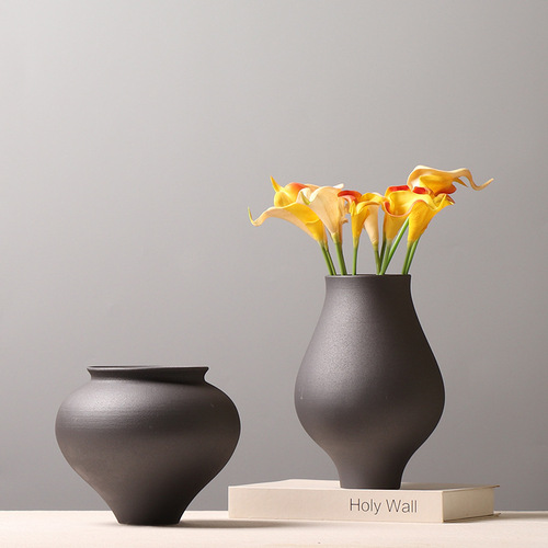 Black Ceramic Vase Creative Living Room Floral Arrangement Decor Designer Model Room Antique Shelf Ornament Minimalist Nordic