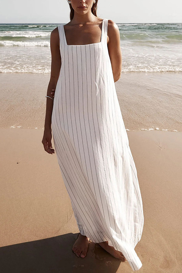 Spring Summer Square Collar Striped Minimalist Basic Sleeveless Dress for Women