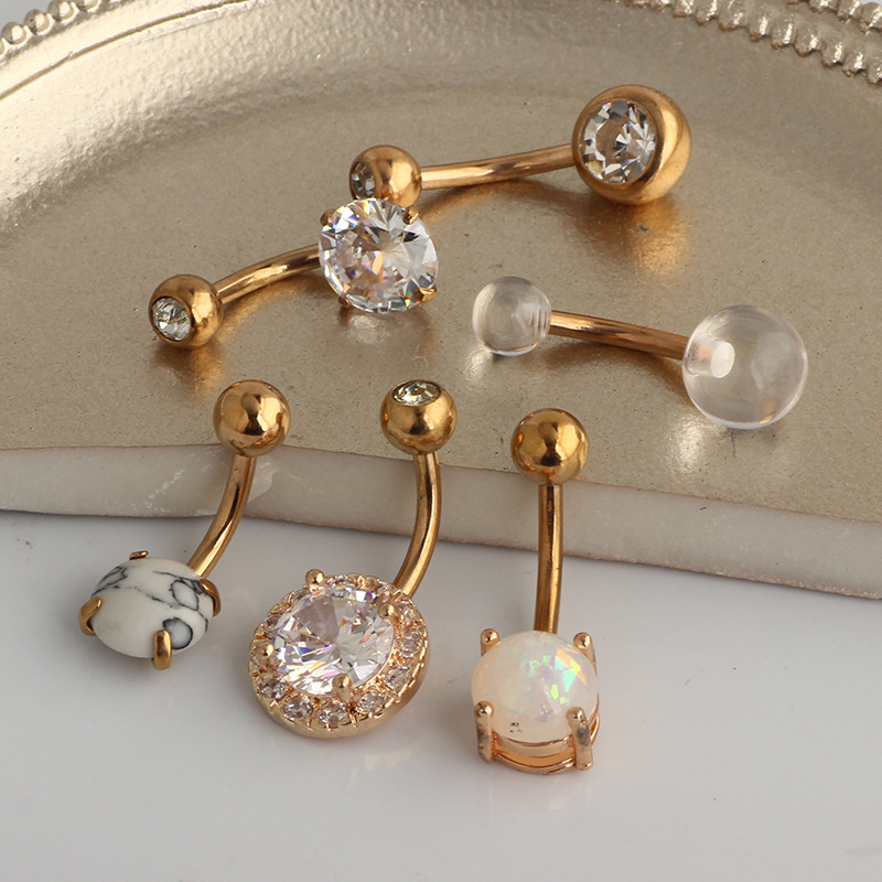 Rose Gold Opal Navel Ring Set - CZ Diamond Belly Button Piercing Jewelry detail image 8