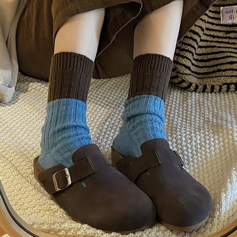 Autumn and Winter Contrasting Wool Socks Chao Retro! the Contrasting Color Design Is Full of Lazy and Relaxed Feeling ~ Paired with Birkenstock Shoes