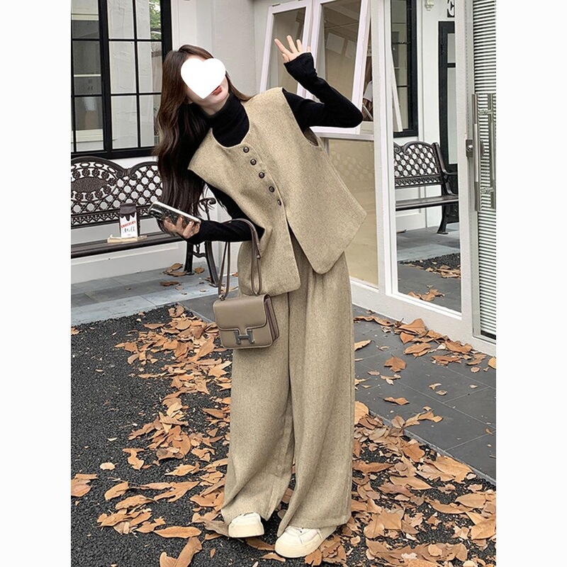 鹿卡其色小香风马甲长裤套装女秋季轻奢感穿搭休闲阔腿裤两件笙陇|undefined