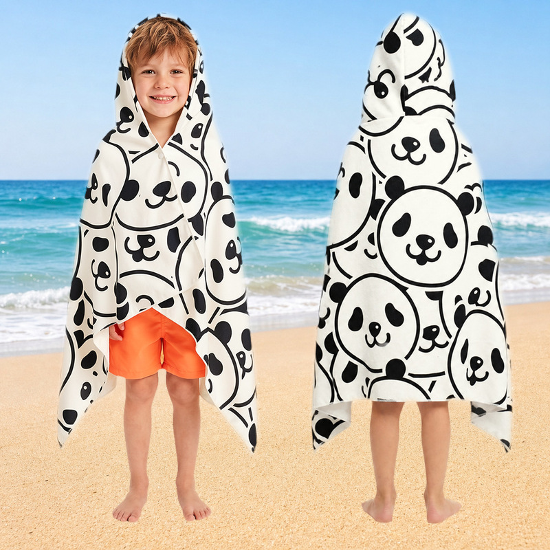 In-stock cross-border black and white panda children's hooded beach towel, quick-drying, absorbent, sand-proof cape bath towel, customizable with your own design