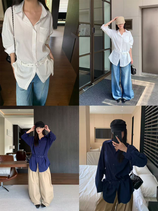 誉一新款2025秋季高级感宽松腰带衬衫女宽松翻领长袖上衣女m3736|undefined