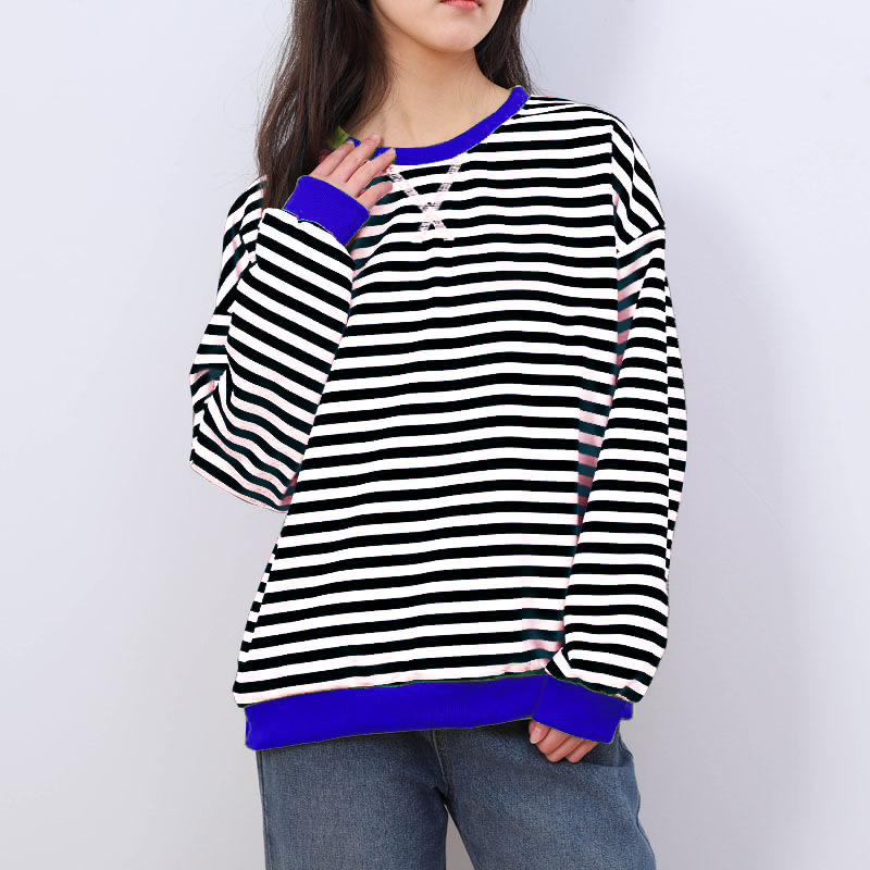 2026 Casual New Striped Pattern Round Neck Spring Simple Home Cross-Border Trendy Long-Sleeve Pullover Color-Blocking T-Shirt