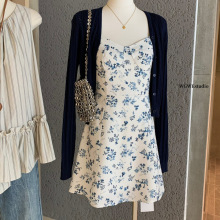 WGWE 法式甜美温柔风淑女碎花吊带连衣裙+开衫两件套装秋季W6721