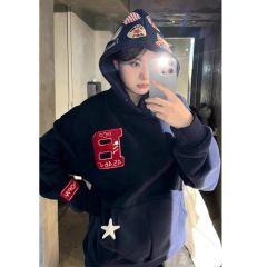 国潮牌美式复古徽章连帽卫衣女春秋冬宽松设计感小众休闲百搭外套
