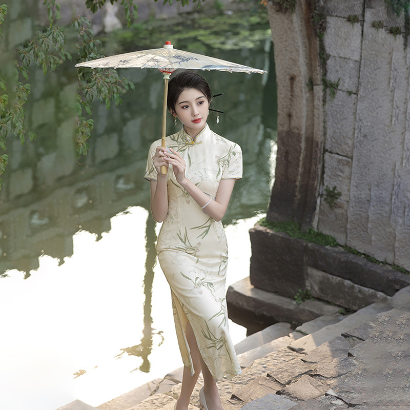 New Chinese-style Elegant Improved Cheongsam Dress For Women, Summer New Design With Buttons, Slit, And Printed Pattern_ecoleips.com