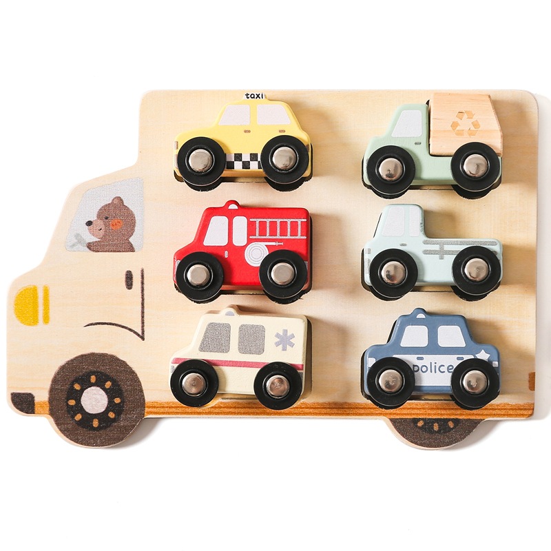 Carro rodante tridimensional de madera con rompecabezas de combinación de juguetes educativos de educación temprana para bebés