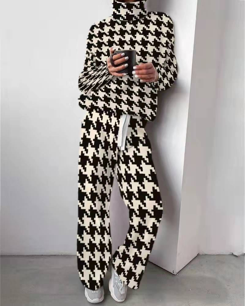 Abbigliamento da donna, nuova moda, stampa, pantaloni larghi a collo alto, completo due pezzi_voghion.com