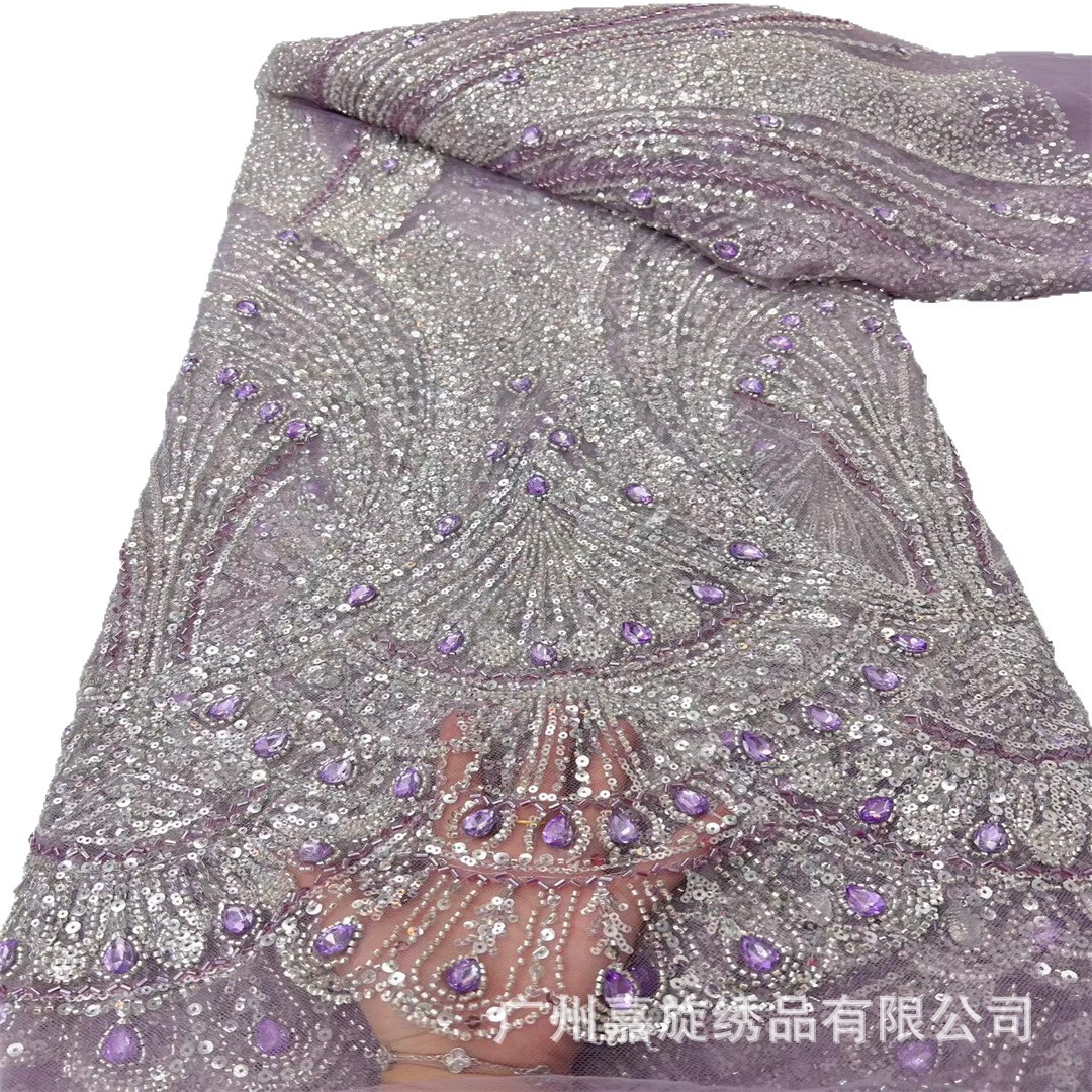 Pavilón de lujo taladro a mano con cuentas de pañuelo tela de encaje boda vestido de fiesta Beaded Lace