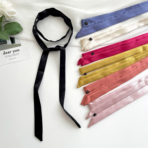 Korean version solid color narrow long small silk scarf for women versatile decorative bow hair tie bag hairband streamer small silk scarf