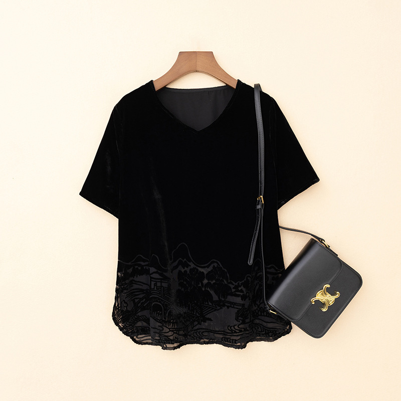 Wholesale New V-Neck Gold Velvet Flocking Burnt Flower Design Slimming Look and Elegant T-Shirt Top Trendy Black Shirt