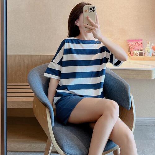Ins Japanese Striped Thin Men's Summer Pajama Set with Short Sleeve Top and Shorts for Summer Home Wear