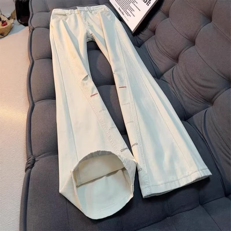 American-Style Embroidered Flared Jeans for Men, Spring Trendy Design, Diagonal Cut, Loose Fit, Slim Straight Long Pants