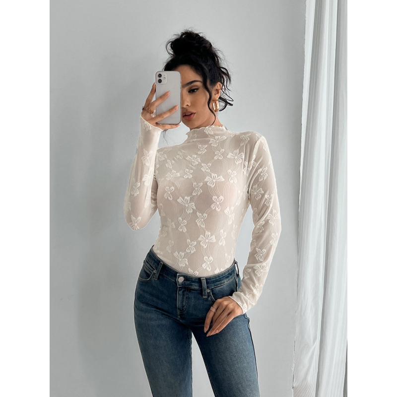 European and American 2025 New Autumn and Winter Women's Butterfly Jacquard Mesh Slim Small Stand-Up Collar Long-Sleeved T-Shirt Tops European and American 2025 New Autumn and Winter Women's Butterfly Jacquard Mesh Slim Small Stand-Up Collar Long-Sleeved T-Shirt Tops