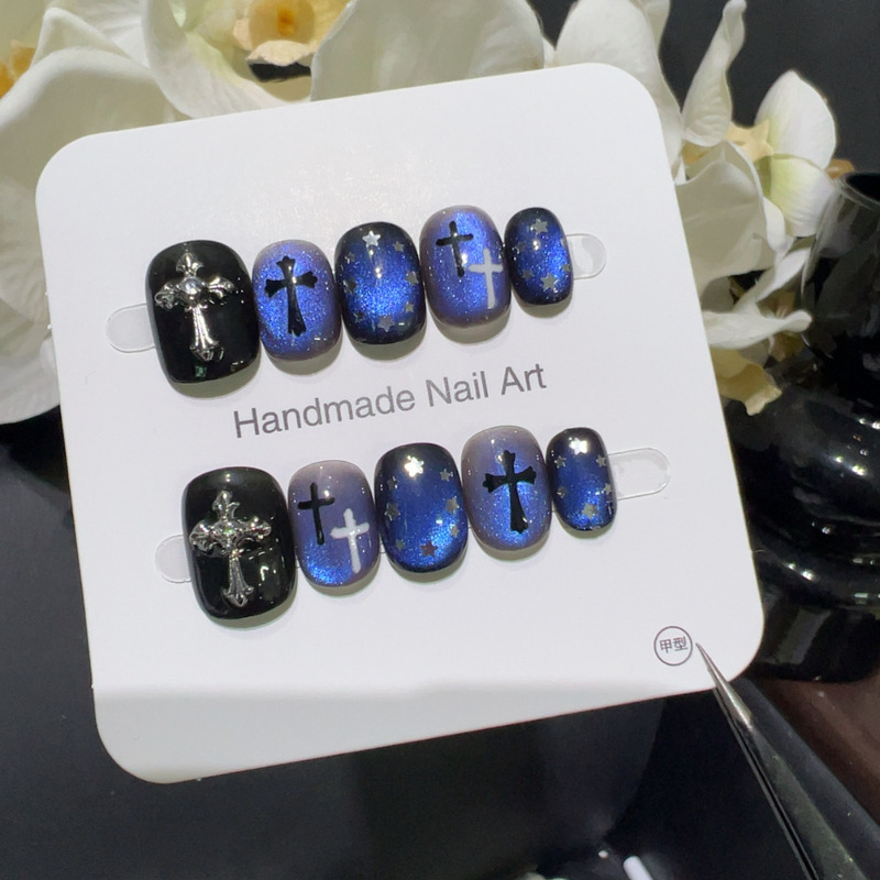 [Dark Blue Scriptures] Blue and Black Gradient Cross Metal Style Handmade Wearable Nails Dark Metal Nail Accessories