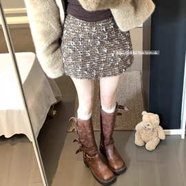 实拍 韩版复古亮片a字半身裙女秋冬小个子高腰显瘦感气质包臀短裙