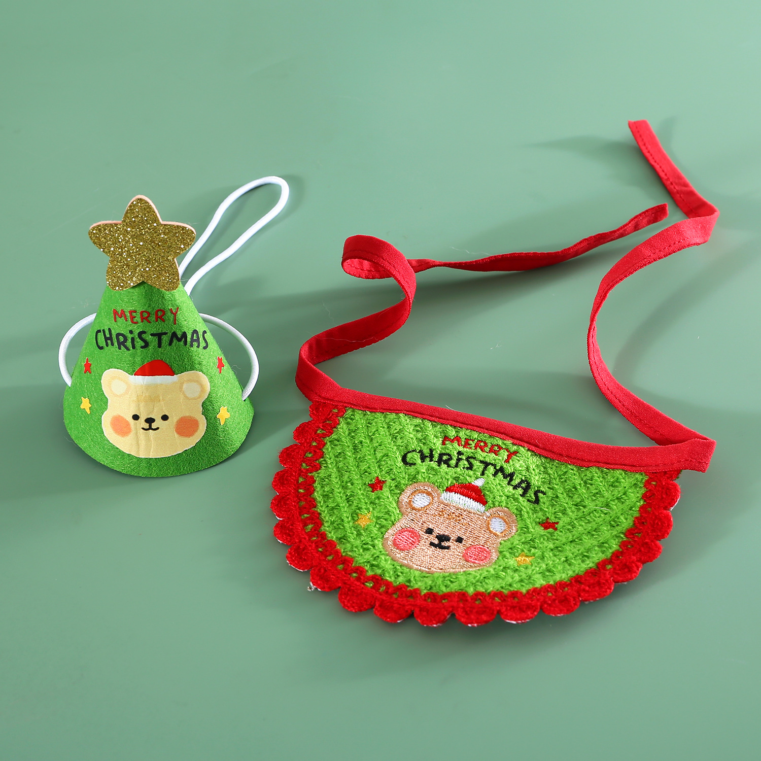 Bordado Feliz Navidad oso traje de mascota fieltro estrella de cinco puntas de dibujos animados tridimensional sombrero babero bufanda gato perro conejo
