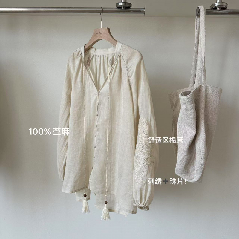 Xiaowenjie - W1144 Fashionable and Versatile Small-Necked Custom-Dyed Elegant Simple Top Slimming Embroidered Blouse Shirt for Women Xiaowenjie - W1144 Fashionable and Versatile Small-Necked Custom-Dyed Elegant Simple Top Slimming Embroidered Blouse Shirt for Women