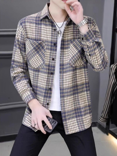 New trendy versatile effortless Japanese blue checkered faux fur digital double pocket jacket Harajuku popular literary Instagram