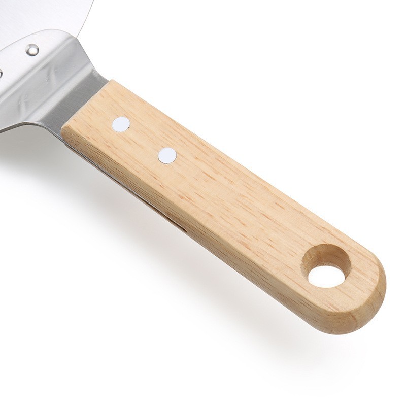 Fábrica directa de 10 pulgadas de acero inoxidable herramientas de cuchilla de pizza mango de madera gran pala redonda transferencia de pastel multifuncional image 3