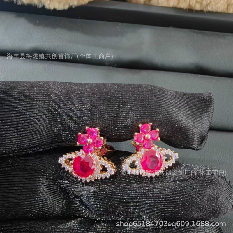 西太后水钻土星耳钉高级感轻奢耳饰一玫瑰金玫红钻项链耳钉|undefined