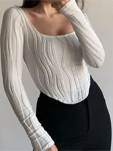 Autumn New French-Style Design Pleated U-Neck Simple Solid Color Slim Fit Long-Sleeve Top for Women