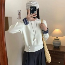 韩系拼接衬衫袖口格纹拼接秋冬设计感圆领小众减龄小个子女式毛衣