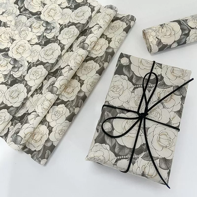 新款山茶花雪梨纸加厚22g棉纸印花薄页纸礼物包装纸ins风打包材料