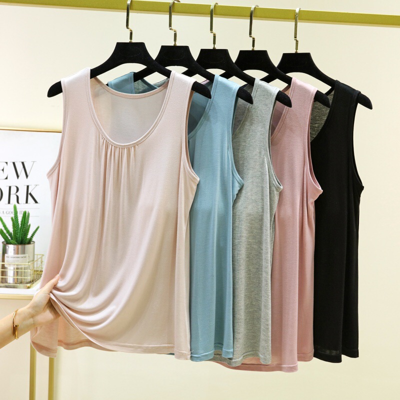 Modal Vest with Chest Pads, Summer Women's Sleeveless Pleated Thin Versatile Loose Plus-Size Slimming Top Base Shirt